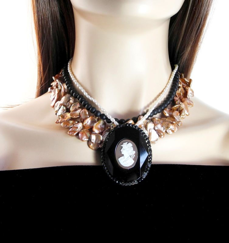 Thumbnail: Stunning Necklace of Antique Jet Cameo, on Multi-Strands of Pearls