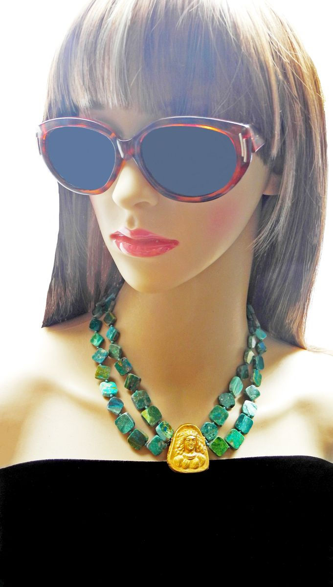 Thumbnail: Peruvian Opal Double Strand Necklace with Antique Afghan Gold Pendant