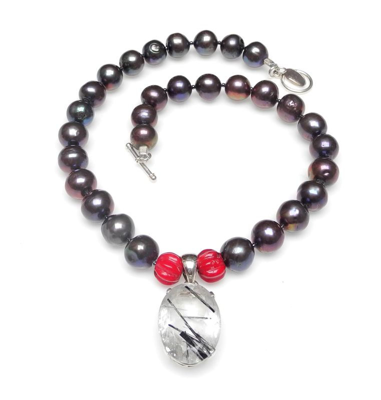 Thumbnail: Elegant Dark Grey Pearl Necklace with Tourmaline Quartz Pendant