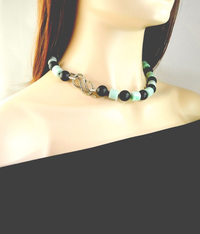 Thumbnail: Green Jade & Onyx Necklace Complement Vintage Marcasite