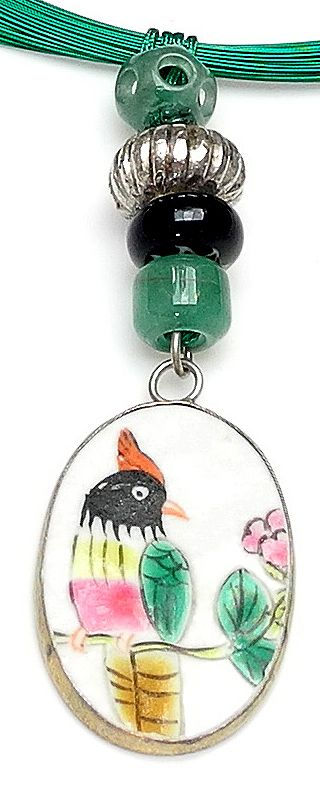 Thumbnail: Green Steel Multi-Strand Band Necklace with Antique Porcelain & Jade