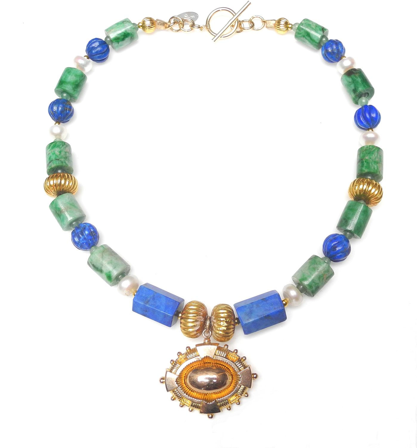 Superb Lapis, Jade & Pearl Necklace with Rich, Antique Gold Pendant