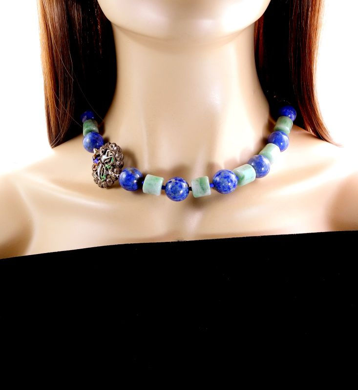 Thumbnail: Lapis & Green Jade Necklace with Charming Antique Enamel Button
