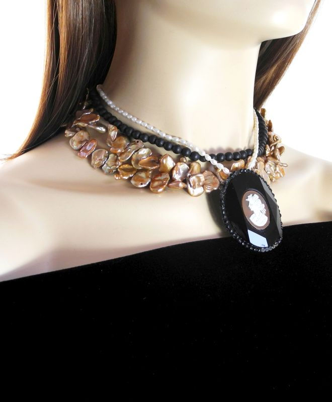 Thumbnail: Stunning Necklace of Antique Jet Cameo, on Multi-Strands of Pearls