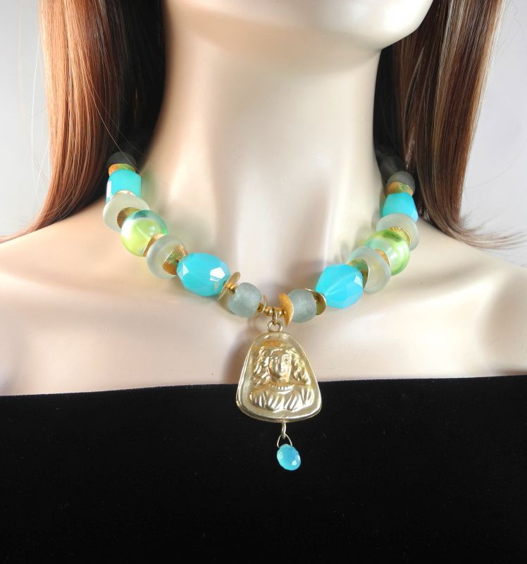 Thumbnail: Chalcedony & Glass Necklace with Antique Gold Pendant