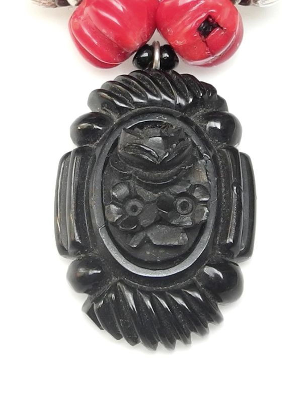 Thumbnail: Bold Crystal & Red Coral Necklace with Antique Black Jet Pendant