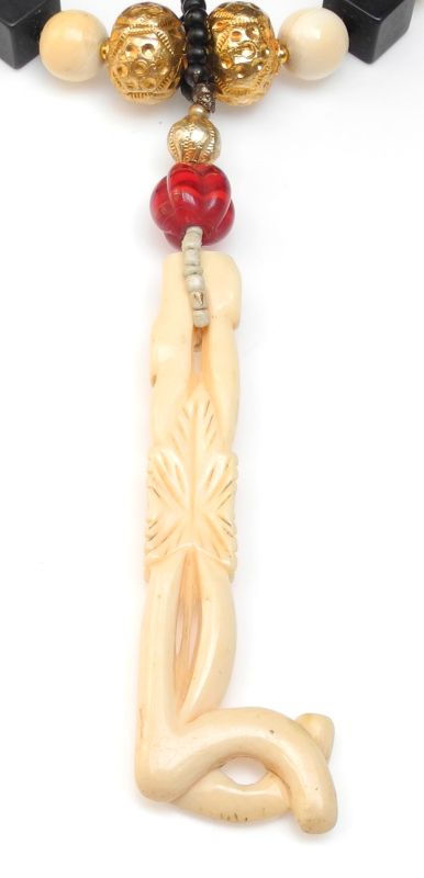 Thumbnail: Unique Necklace of Antique Bone Parasol Pendant on Black Onyx & Jade