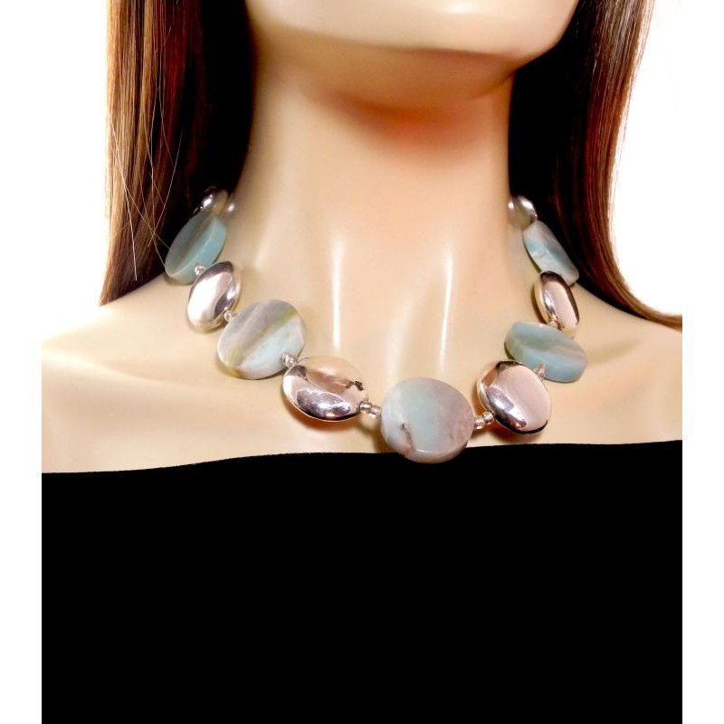 Thumbnail: Soft Blue Amazonite Disc Necklace with Silver Discs