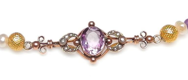 Thumbnail: Lilac Amethyst Multi-Strand Necklace with Antique Gold/Amethyst Pendant