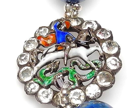 Thumbnail: Lapis & Green Jade Necklace with Charming Antique Enamel Button