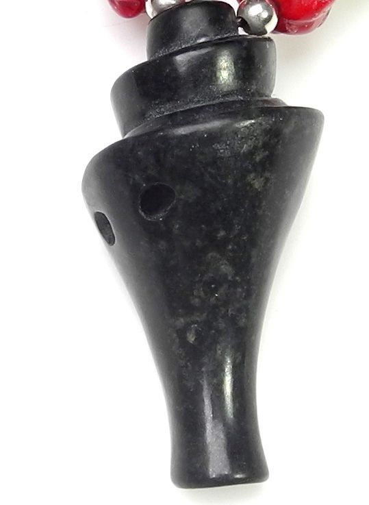 Thumbnail: Dramatic Red Coral & Silver Necklace with Black Carved Jade Shell