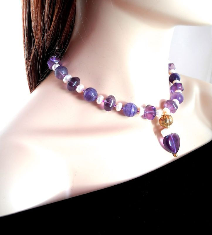 Thumbnail: Romantic Purple Fluorite Heart Necklace with Pearls & Gold