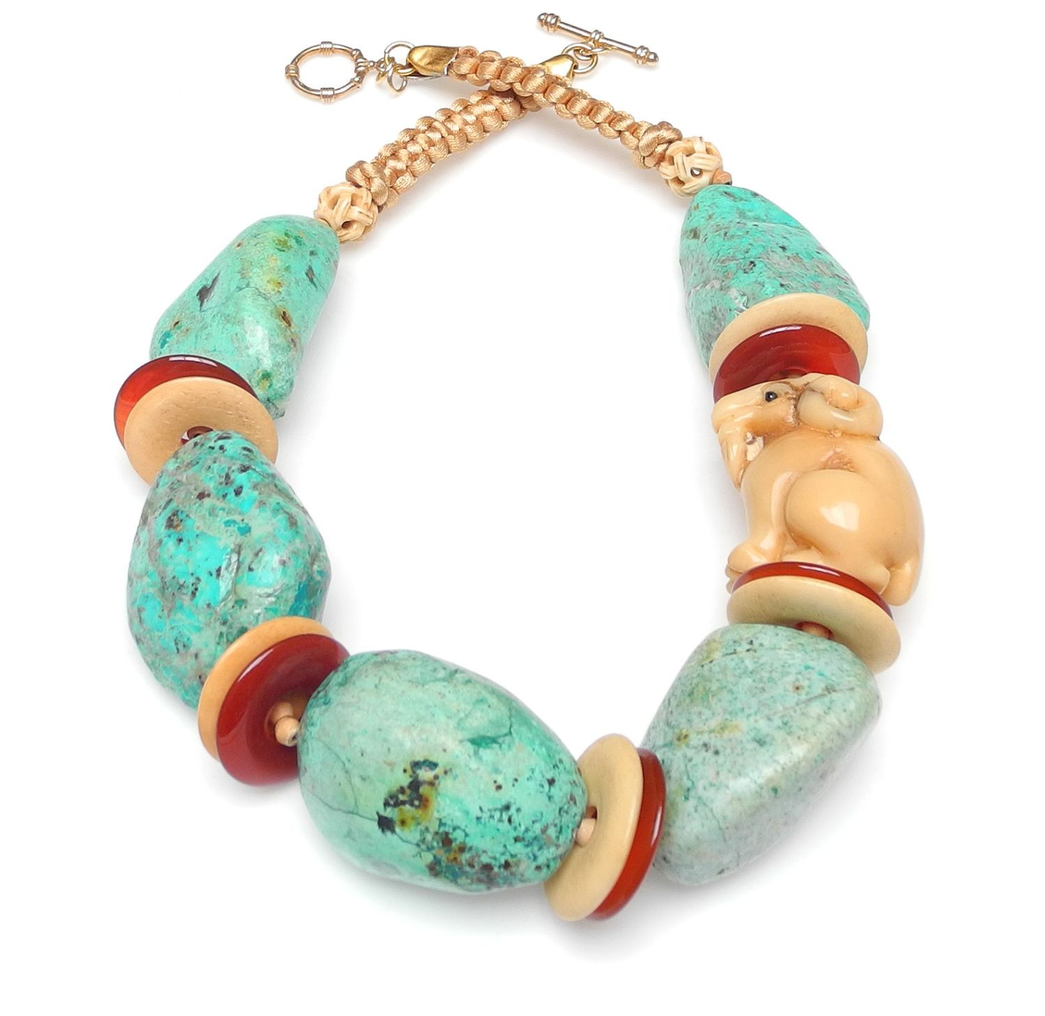 Chrysocolla Chunks, Bone & Carnelian Necklace with Carved Ram