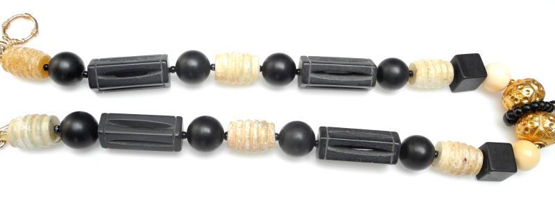 Thumbnail: Unique Necklace of Antique Bone Parasol Pendant on Black Onyx & Jade