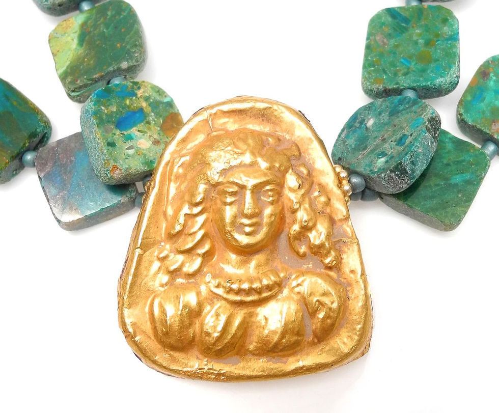 Thumbnail: Peruvian Opal Double Strand Necklace with Antique Afghan Gold Pendant