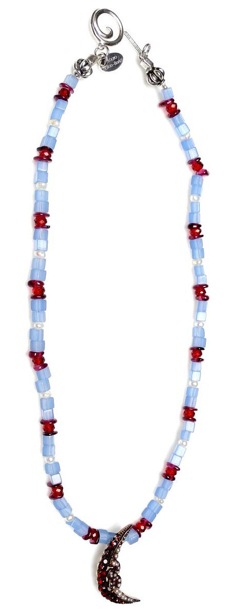 Thumbnail: Sweet Tourmaline & Chalcedony Necklace with Victorian Garnet Moon Pendant