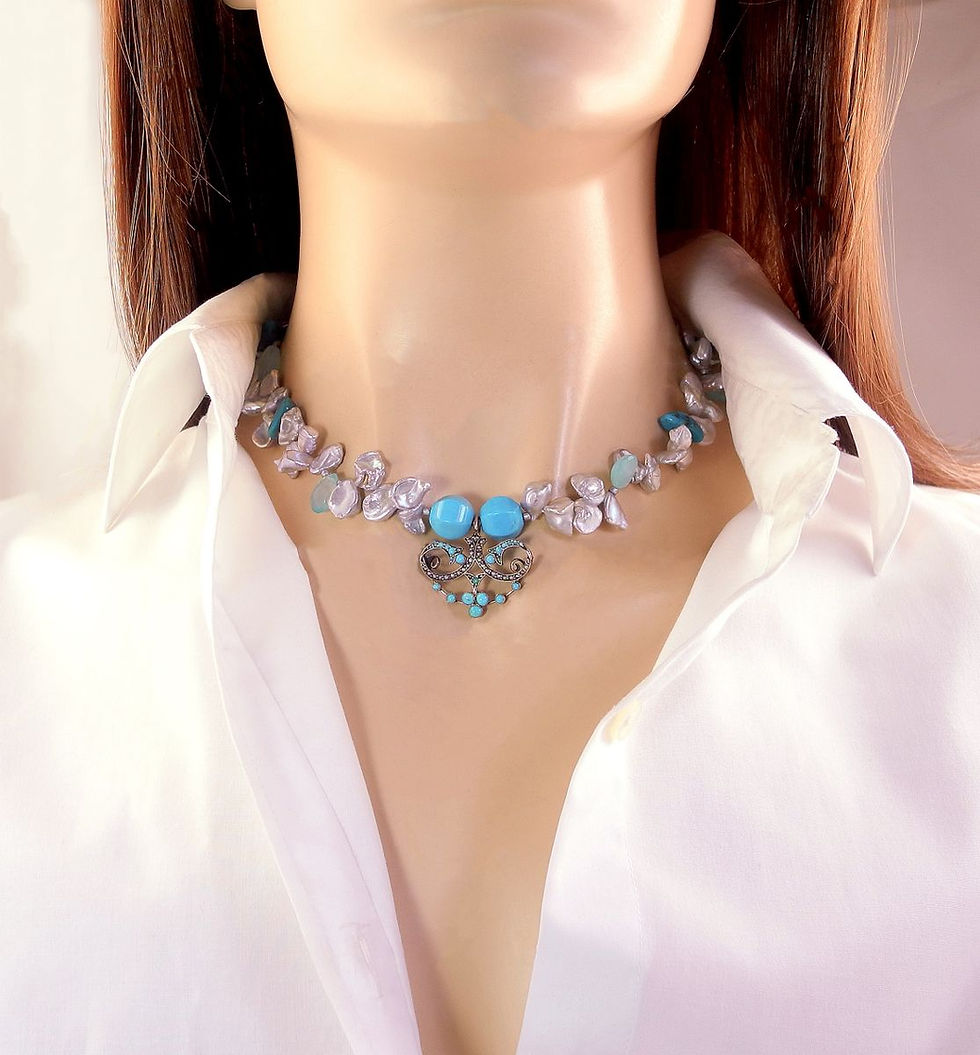 Thumbnail: Fine Antique Turquoise Pendant on Delicate Silver Pearl & Turquoise Necklace