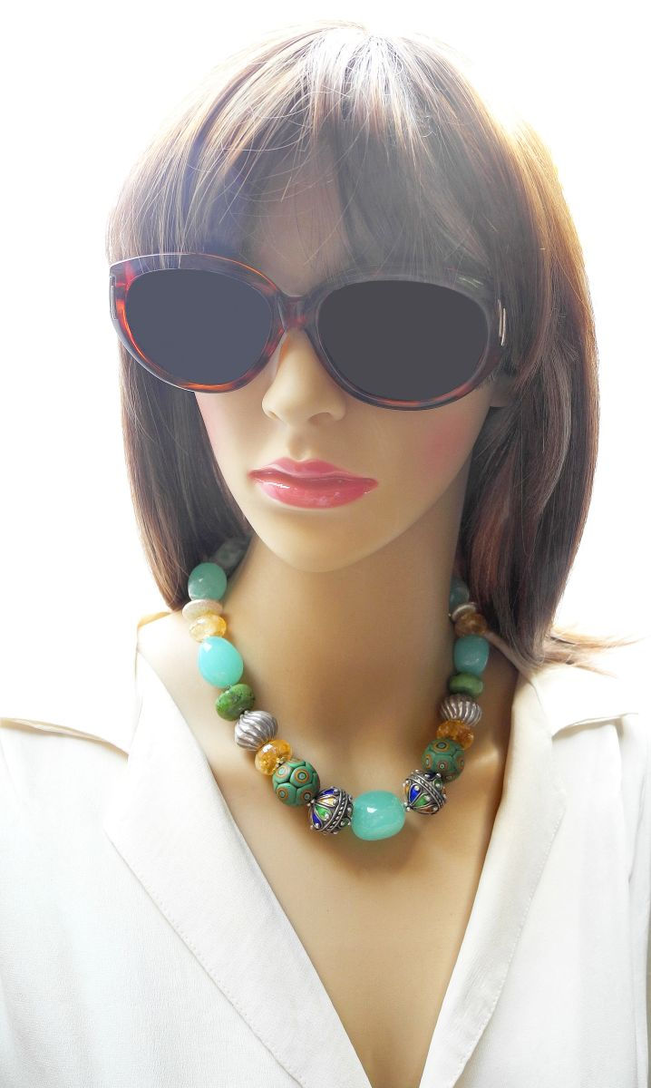 Thumbnail: Appealing Chalcedony Necklace of Citrine & Moroccan Enameled Silver