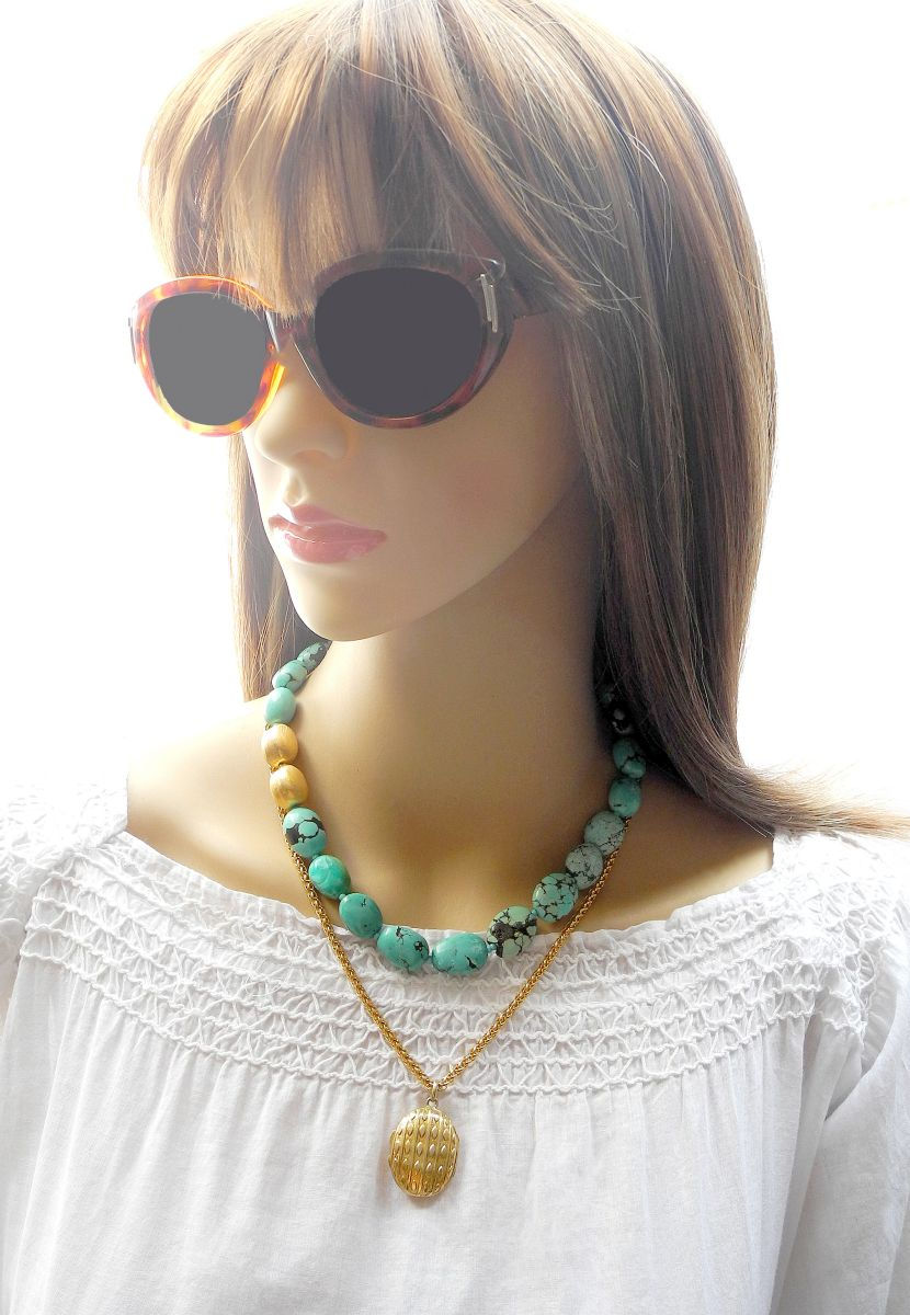 Thumbnail: Gold Chain & Antique Locket Teemed with Turquoise & Gold Necklace