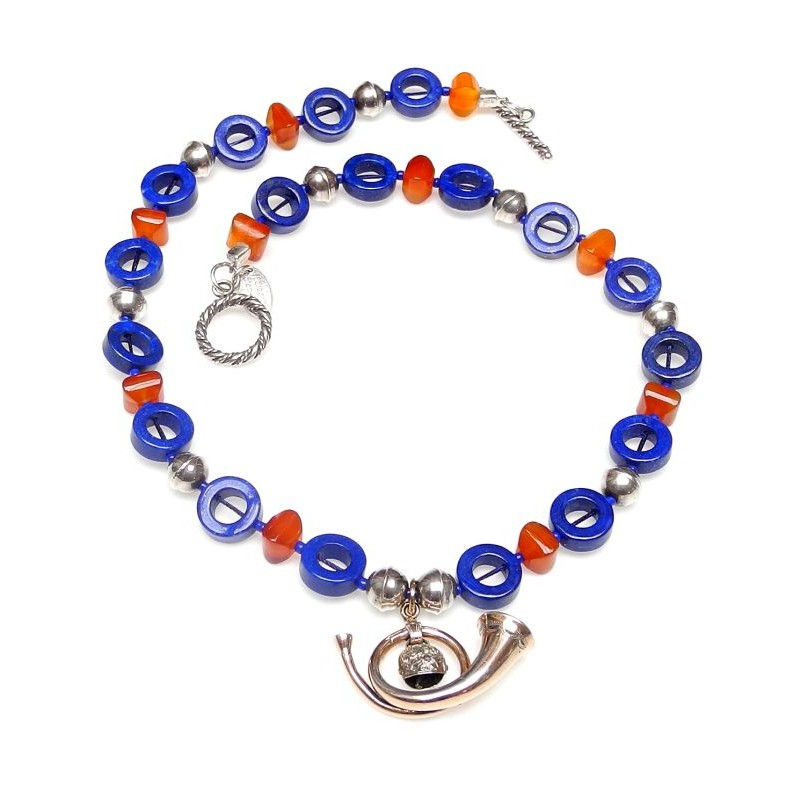 Thumbnail: Delicate Lapis & Carnelian Necklace with Antique Silver Horn Pendant