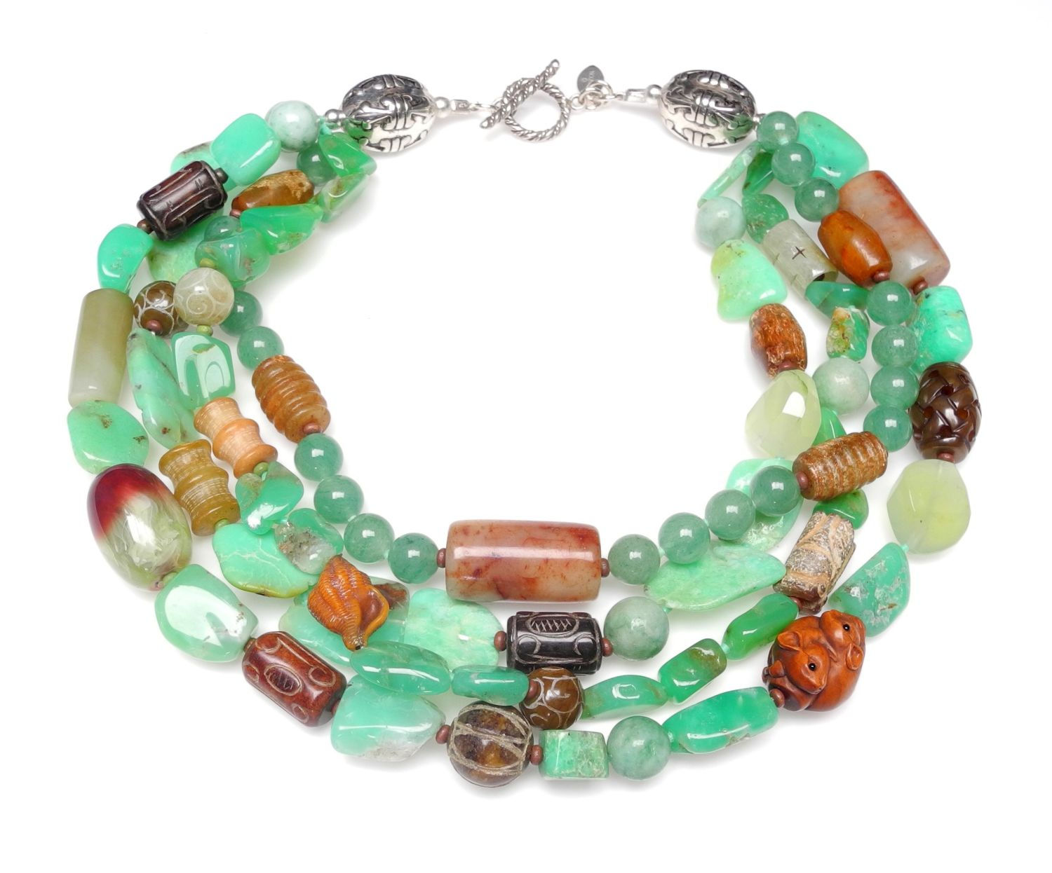 A Wow, Four Strand Necklace of Green Jades, Antique Jades & Chrysoprase