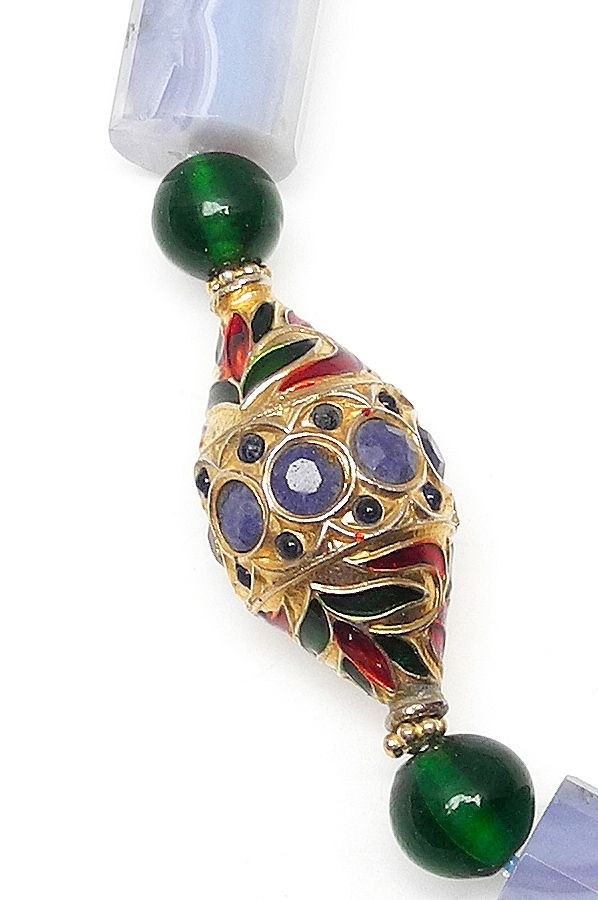 Thumbnail: Chalcedony Cylinder Necklace Graces Indian Enamel & Kyanite Bead