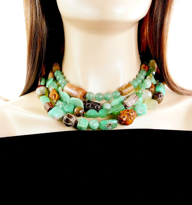 Thumbnail: A Wow, Four Strand Necklace of Green Jades, Antique Jades & Chrysoprase