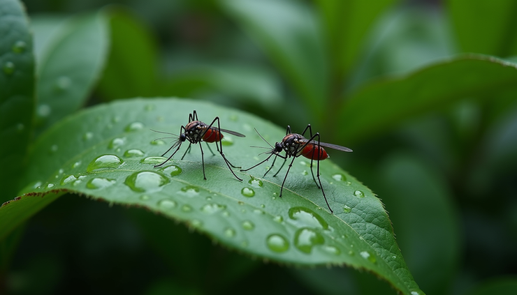 Close-up view of water droplets on green leaves with mosquitoes resting