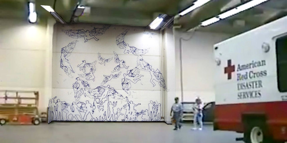 Blue tape mural inside a convention center with a Red Cross vehicle nearby.