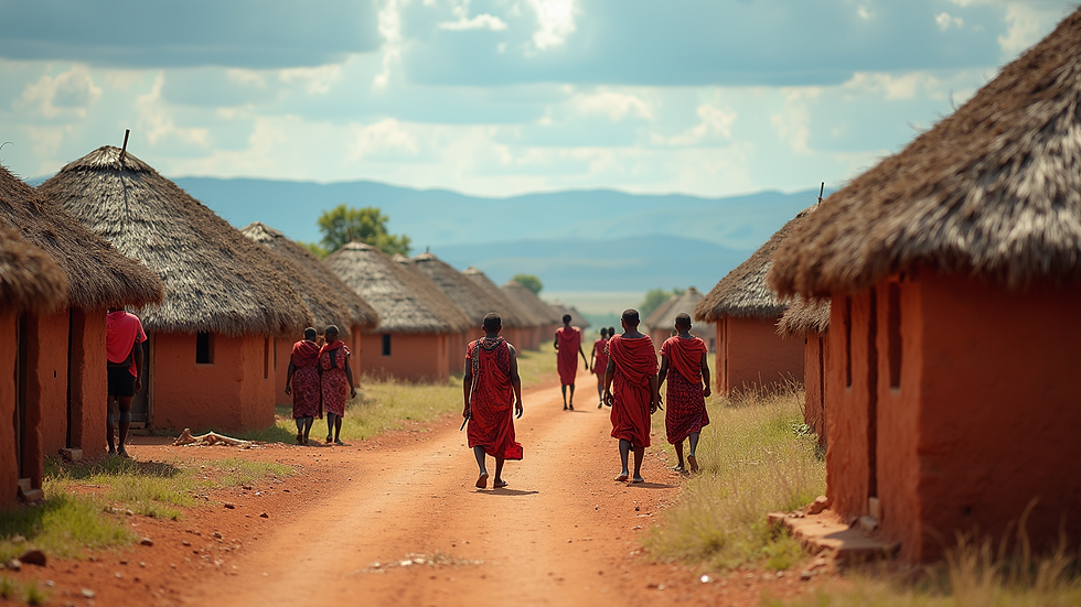 Eye-level view of vibrant Maasai village and traditional huts