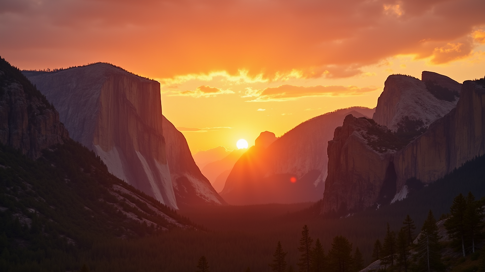 Wide angle view of a breathtaking sunset over a national park