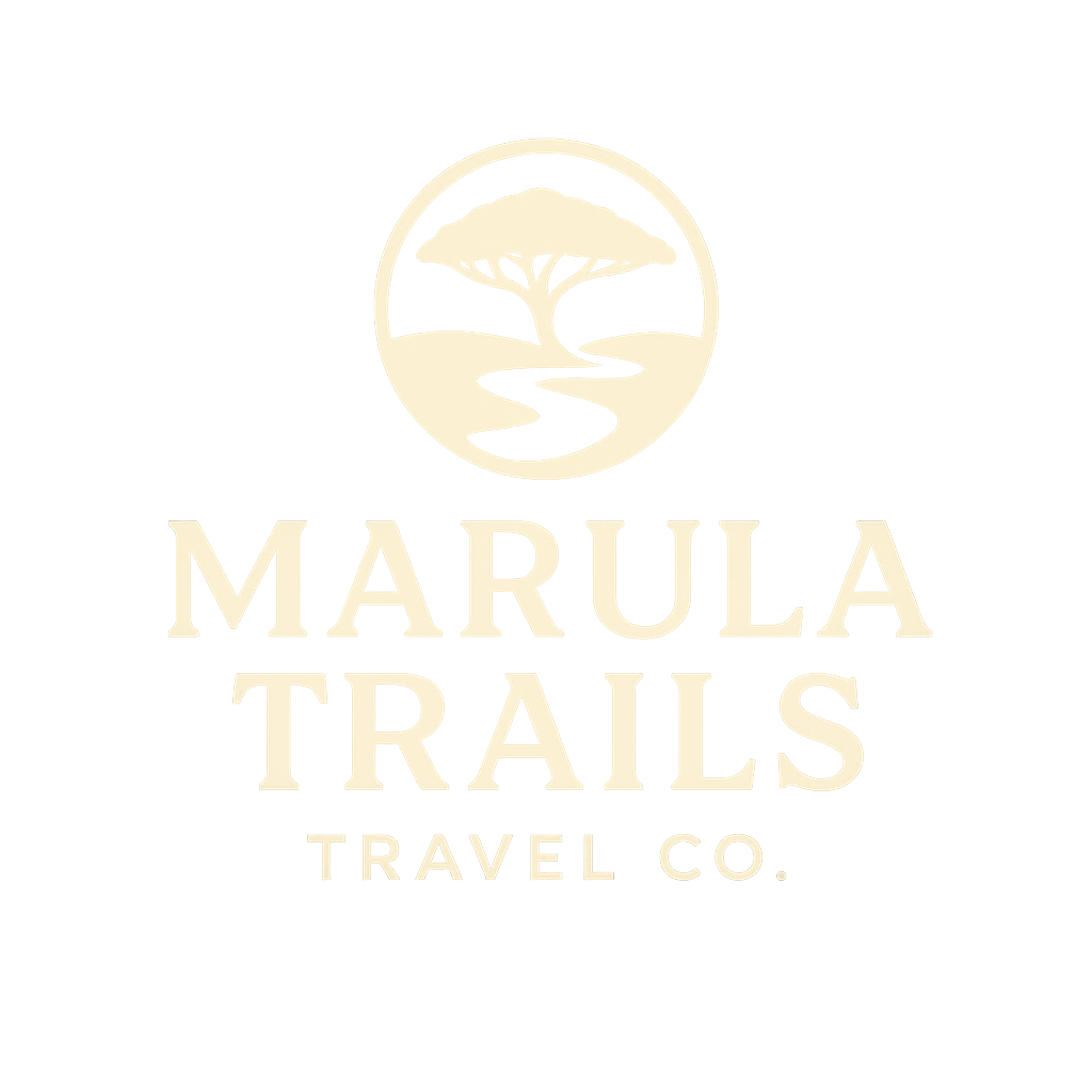 Marula Trails Travel logo, round face-like shape, white text on black background