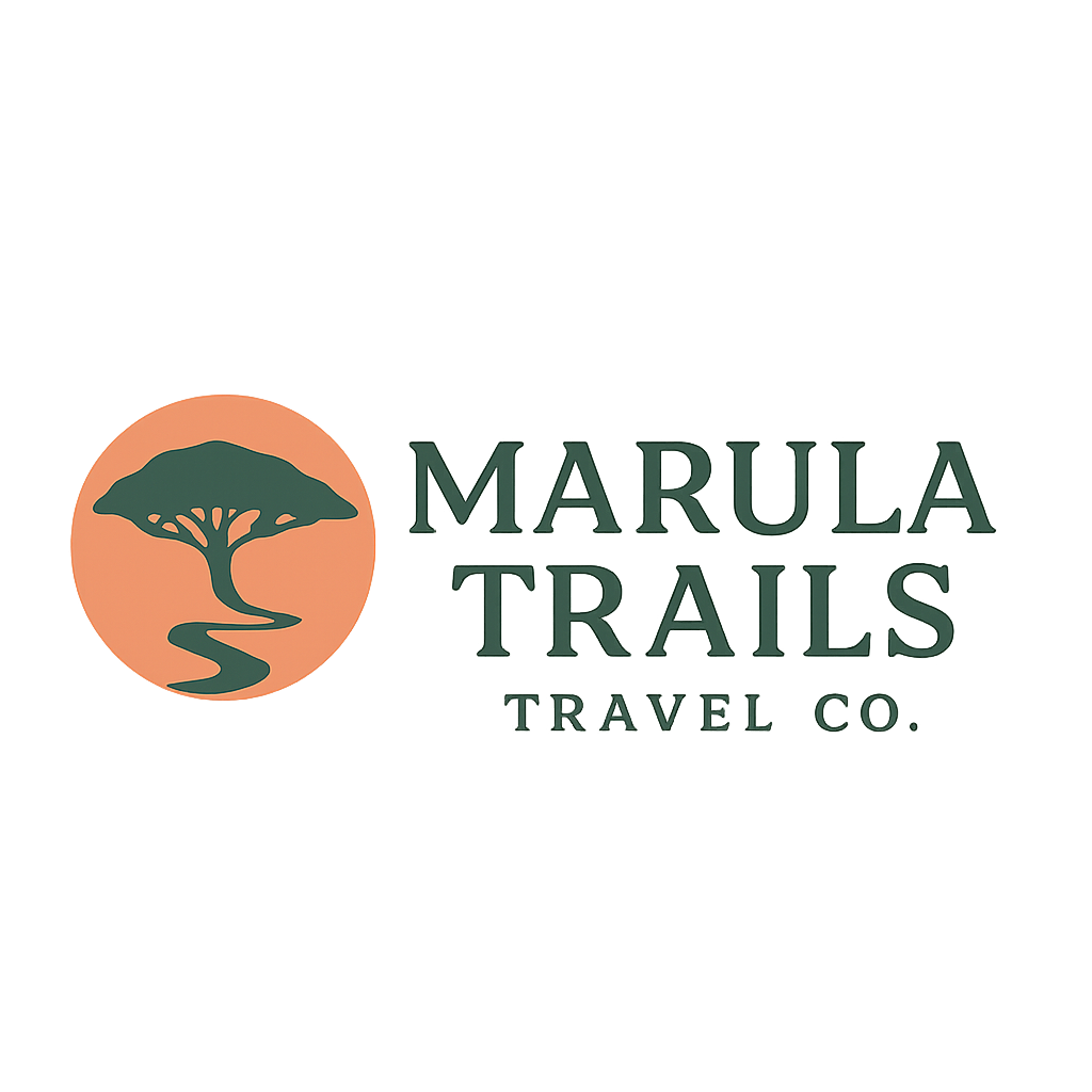 Marula Trails logo with tree and text. Marula Trails Travel.