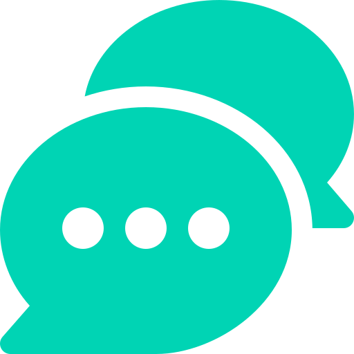 Turquoise speech bubble icon with three dots, representing chat conversations.