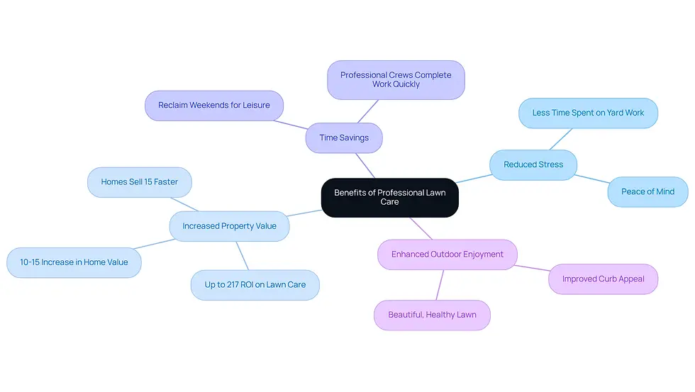 The central idea is the overall benefits of hiring professionals for lawn care. Each branch represents a specific benefit, and the sub-branches provide more details on how these benefits manifest in real life.