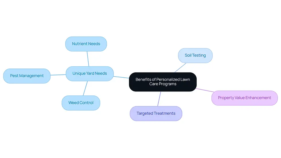 This mindmap starts with the main idea in the center and branches out to show how personalized lawn care addresses specific needs. Each branch represents a key benefit, and the sub-branches detail specific actions or outcomes related to that benefit.