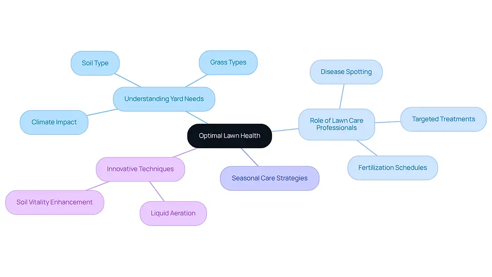 This mindmap illustrates how various factors contribute to maintaining a healthy lawn. Start at the center with the main idea, then explore the branches to see how understanding yard needs, the role of professionals, and seasonal strategies all connect to achieving a thriving outdoor space.