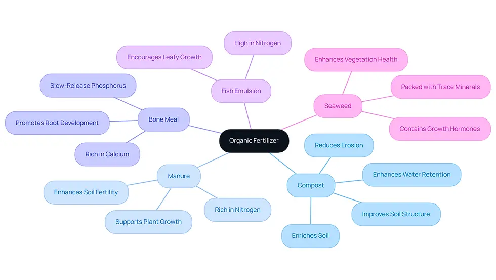 The central node represents organic fertilizer, while the branches show the key components. Each component has its own benefits listed, helping you understand how they contribute to a thriving garden.