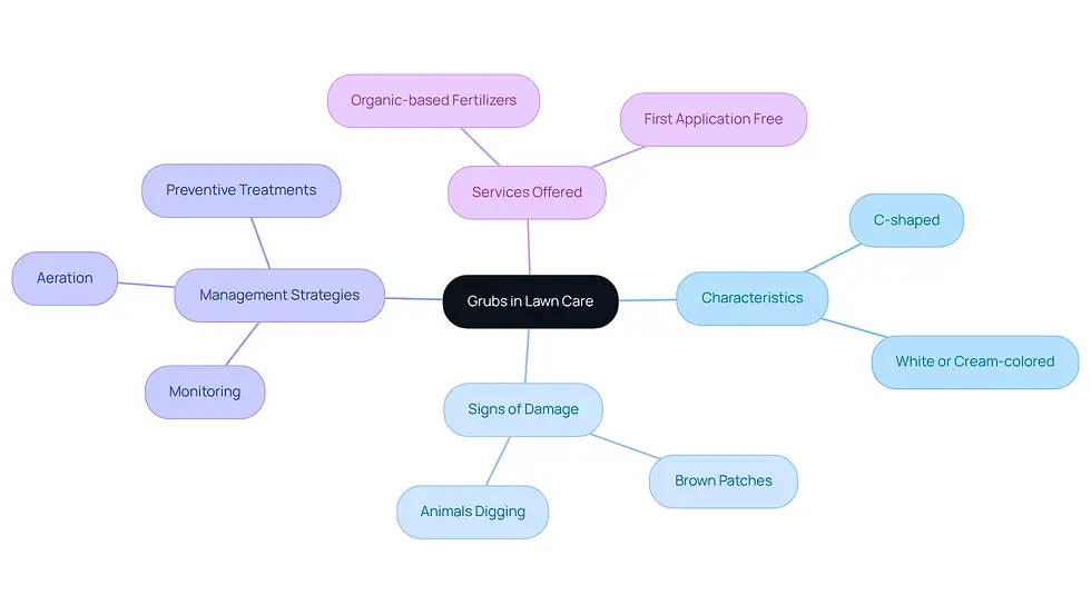 This mindmap helps you explore the world of grubs in lawn care. Start at the center to learn about their characteristics, then follow the branches to see how they can damage your lawn and what you can do to manage them effectively.