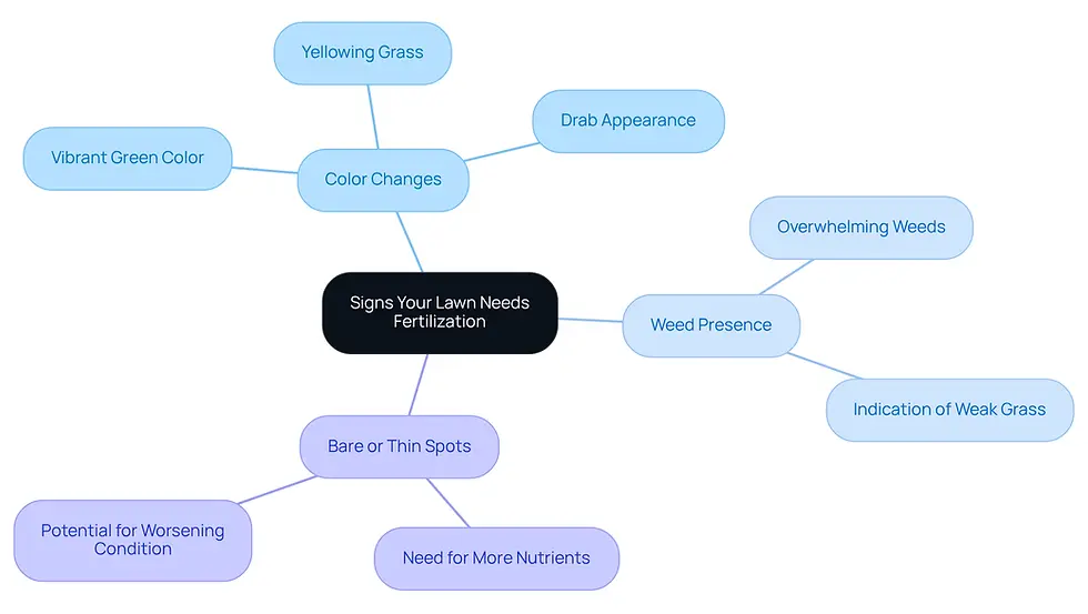 The central node represents the main topic of lawn health, while the branches show specific signs that indicate a need for fertilization. Each color-coded branch helps you quickly identify and understand the different indicators of lawn health.