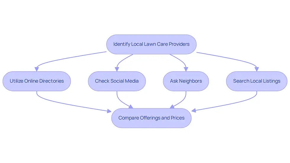 Follow the arrows to see the steps you can take to find reliable lawn care services. Each box represents a different action you can take, starting from identifying providers to comparing their offerings.