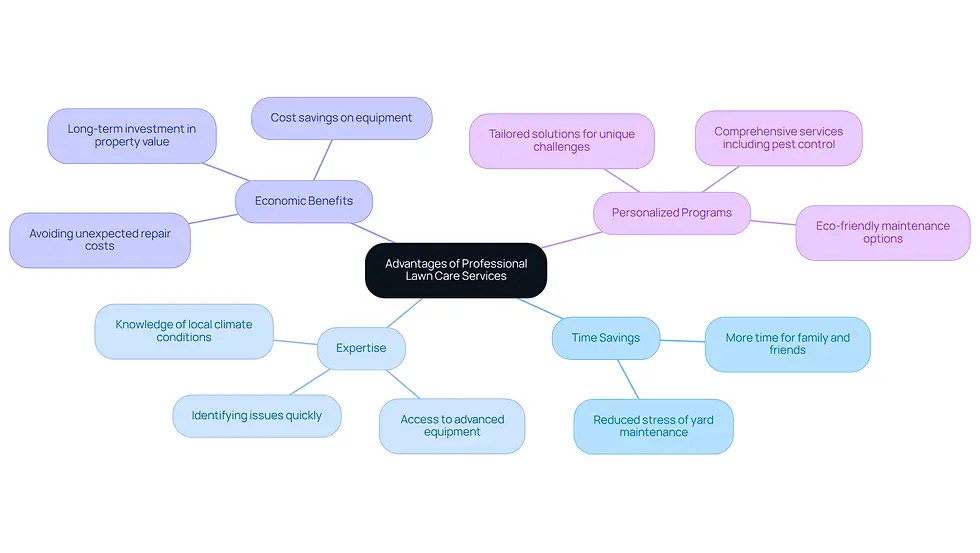 This mindmap shows the key benefits of hiring professional lawn care services. Each branch represents a different advantage, and the sub-points provide more detail on what those advantages entail. Follow the branches to see how these services can improve your yard and your life!