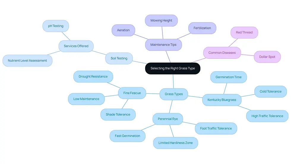 This mindmap helps you navigate the process of choosing the right grass for your lawn. Start at the center with the main topic, then explore the branches to learn about different grass types, soil testing, maintenance tips, and common diseases that can affect your lawn.