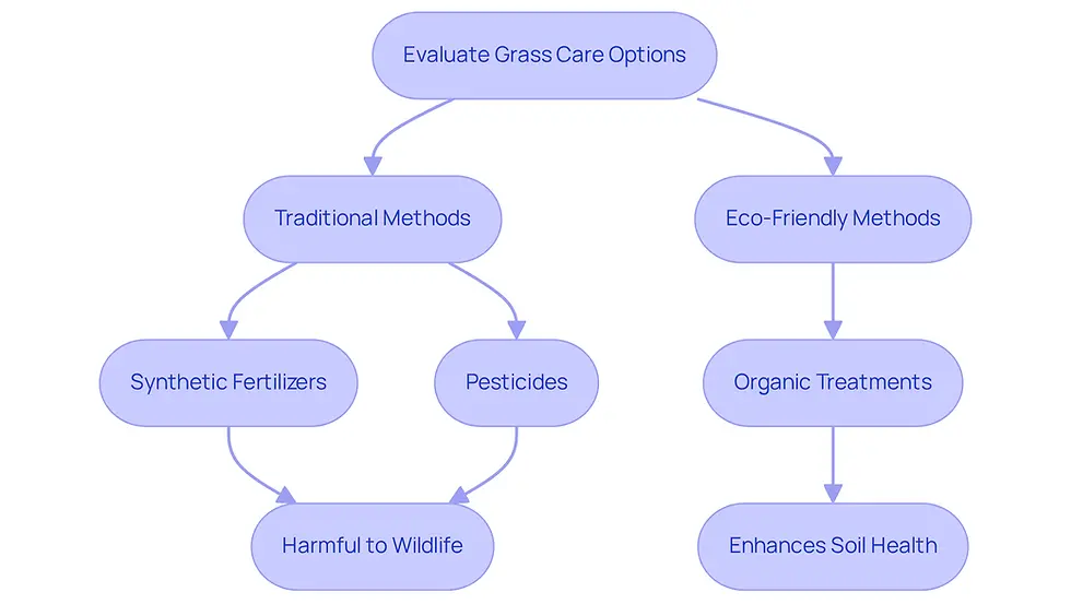 This flowchart guides you through the decision-making process for grass care. Follow the paths to see the impact of traditional versus eco-friendly methods on your yard and the environment.