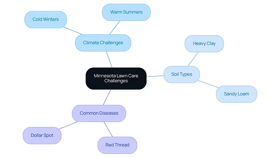 This mindmap illustrates the unique challenges homeowners face in Minnesota regarding lawn care. Each branch represents a different aspect of the problem, while the sub-branches highlight specific issues and solutions. Follow the branches to understand how climate, soil, and diseases interact and how tailored solutions can help homeowners achieve healthy lawns.