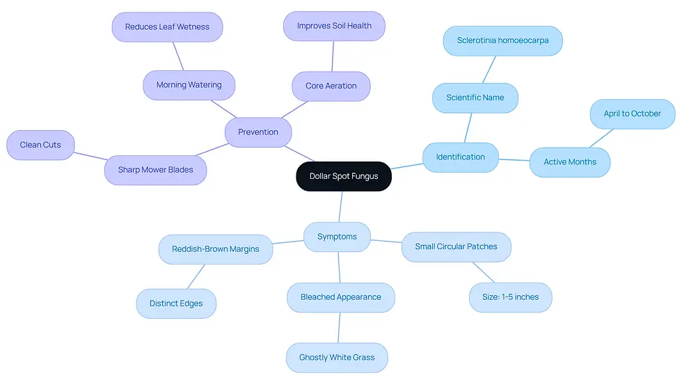 This mindmap starts with the main topic in the center and branches out to show symptoms and prevention methods. Each branch represents a key aspect of managing dollar spot fungus, helping you visualize how to identify and address the issue effectively.