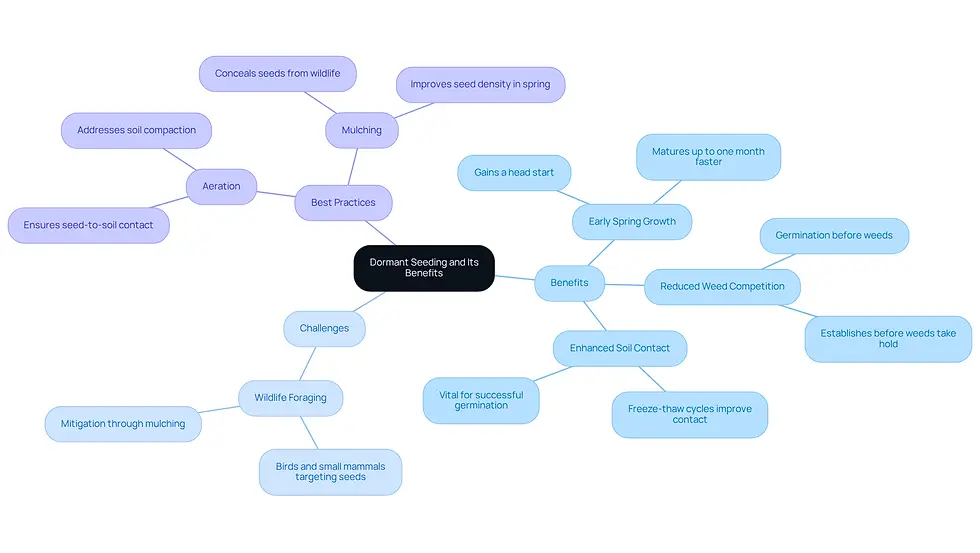 This mindmap starts with the main idea of dormant seeding at the center. From there, you can explore the benefits, challenges, and best practices associated with this technique. Each branch leads to specific points that explain why dormant seeding is beneficial and how to effectively implement it.