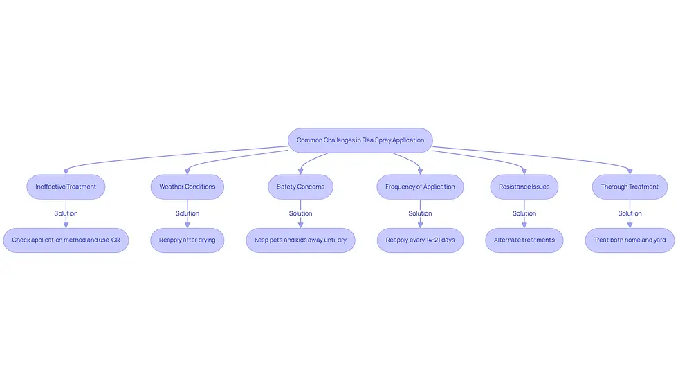 This flowchart helps you navigate common issues faced when applying flea spray. Each challenge leads to a solution, guiding you step-by-step to effectively manage pests in your yard.
