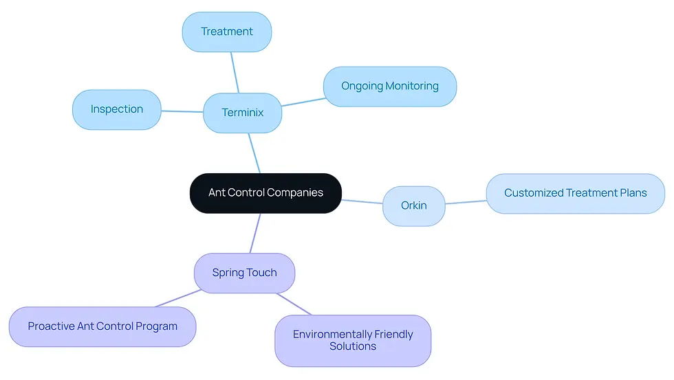 The central node represents the overall topic of ant control companies, while each branch shows a different company and its unique services. This layout helps you quickly understand the options available and how they differ.