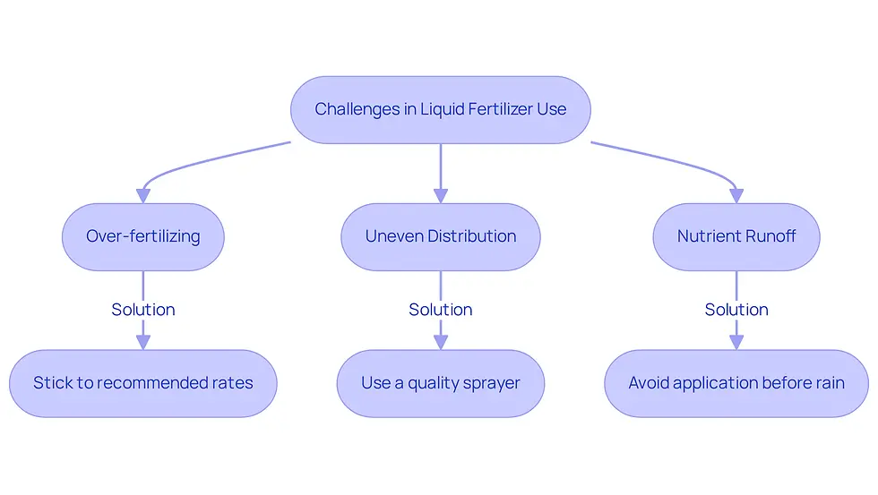 This flowchart shows common challenges homeowners face with liquid fertilizers and the steps they can take to address each issue. Follow the arrows to see how to improve your lawn care!